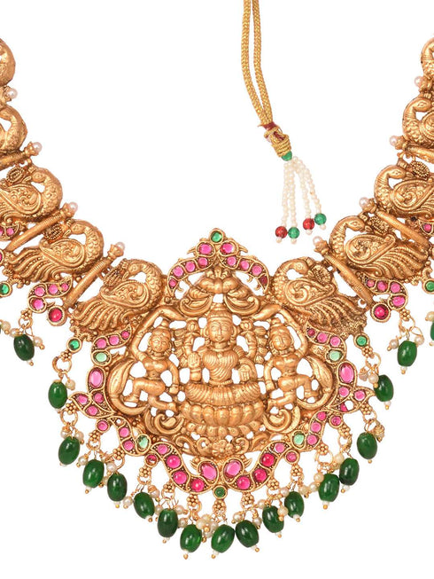 Gold Plated Kemp stone studded Temple design Necklace Green beads Jewellery set