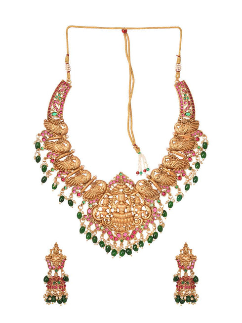 Gold Plated Kemp stone studded Temple design Necklace Green beads Jewellery set