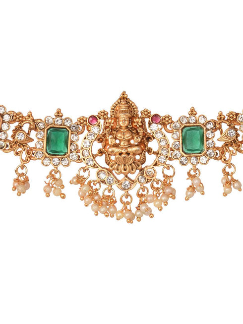 Gold Plated Green & Red stone studded Handcrafted Exquisite Design Lakshmi ji Temple Jewellery Set
