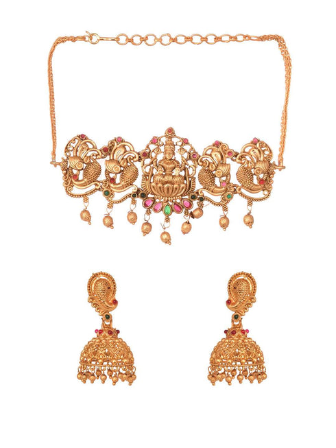 Gold Plated Multi stone studded Handcrafted Exquisite Temple Lakshmi ji & Peacock Design Jewellery Set