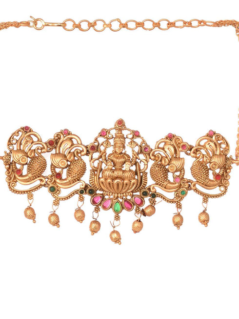 Gold Plated Multi stone studded Handcrafted Exquisite Temple Lakshmi ji & Peacock Design Jewellery Set