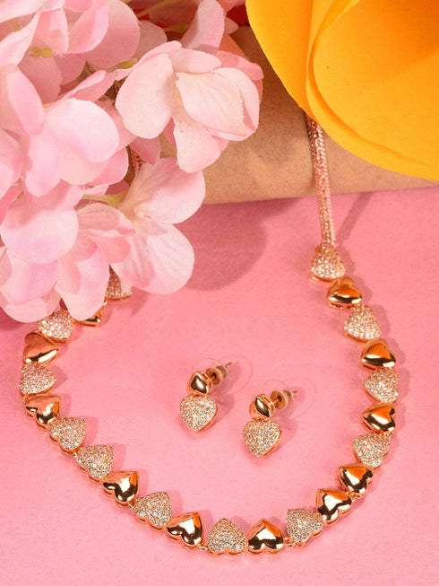 Gold Plated AD Studded Heart shaped Handcrafted Necklace Jewellery Set