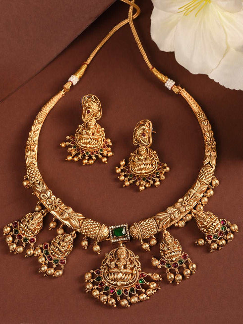 Gold Plated Multi stone studded Pearl beaded Handcrafted Temple Jewellerey Set