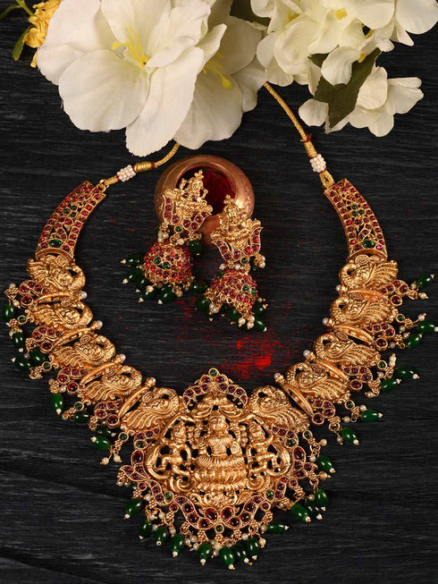 Gold Plated Kemp stone studded Temple design Necklace Green beads Jewellery set