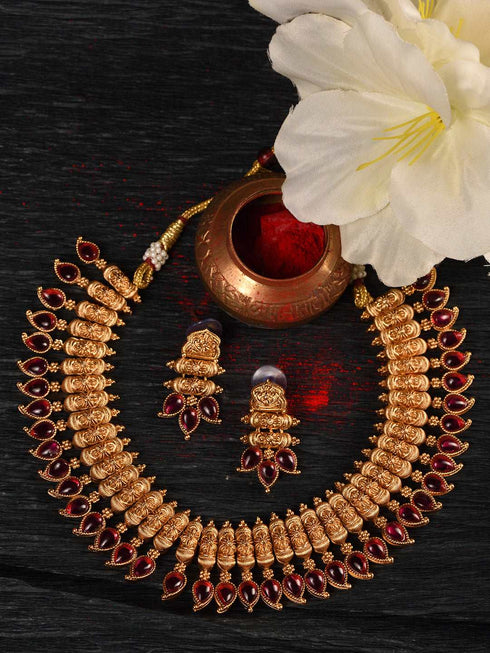Gold Plated Red stone studded Handcrafted Leaf design Temple Jewellery Set