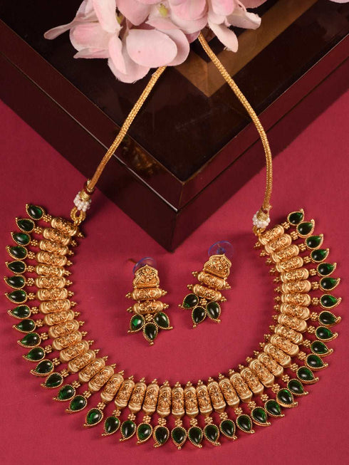 Gold Plated Green stone studded Handcrafted Leaf design Temple Jewellery Set