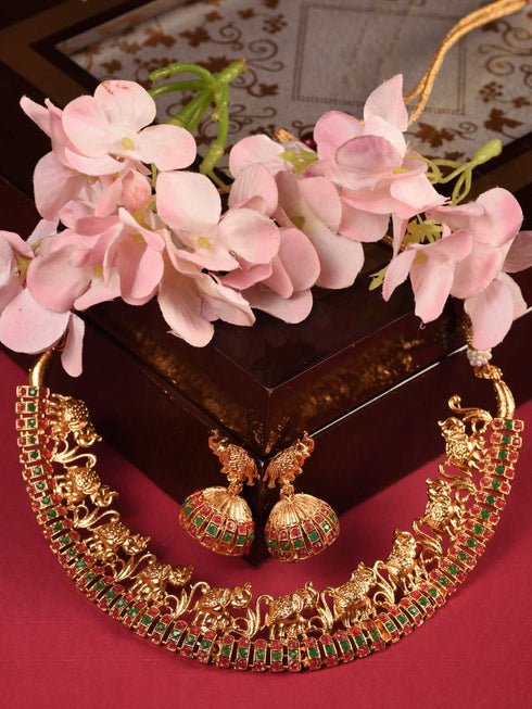 Gold Plated Kemp stone studded Pearl Beaded elephant motif Temple Jewellery Set