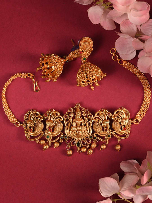 Gold Plated Multi stone studded Handcrafted Exquisite Temple Lakshmi ji & Peacock Design Jewellery Set