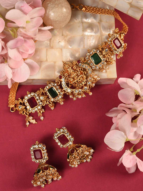 Gold Plated Green & Red stone studded Handcrafted Exquisite Design Lakshmi ji Temple Jewellery Set