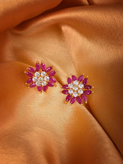 Gold Plated Contemporary Floral Stud Red and White AD Earrings