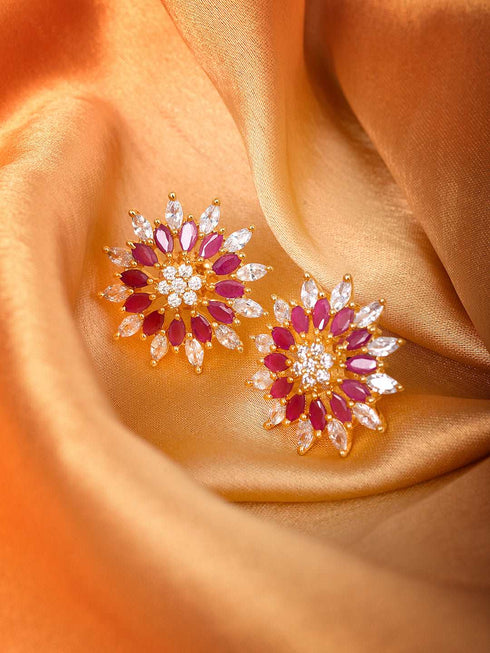Gold Plated ornate Floral studs Red & White AD encrusted Earrings
