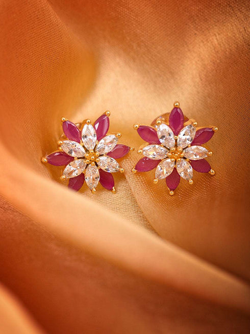 Gold Plated Floral studs Red & White AD encrusted Earrings