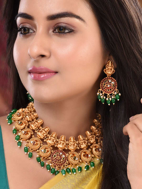 Gold Plated Kemp stone Studded Peacock Motif Temple Bridal Choker Jewellery Set