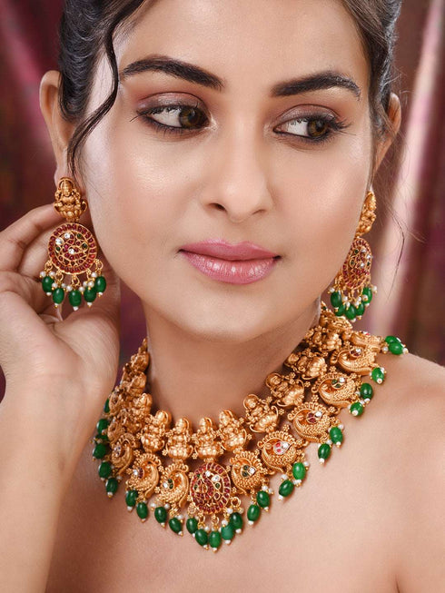 Gold Plated Kemp stone Studded Peacock Motif Temple Bridal Choker Jewellery Set