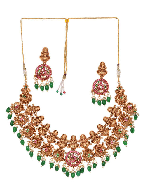 Gold Plated Kemp stone Studded Peacock Motif Temple Bridal Choker Jewellery Set