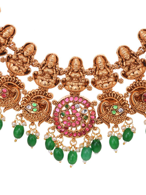 Gold Plated Kemp stone Studded Peacock Motif Temple Bridal Choker Jewellery Set