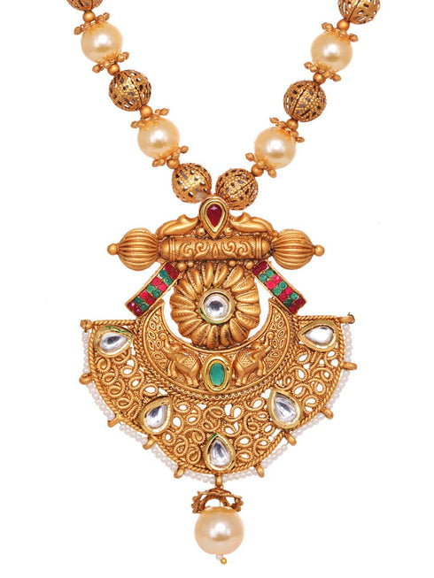 Antique Gold Plated Kundan studded Rajwadi Temple Pendant Jewellery Set