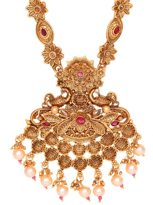 Antique Gold Plated Kemp stone studded Rajwadi long Temple Necklace Jewellery Set