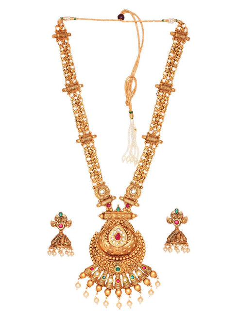 Gold Plated Kundan & Pearl studded Rajwadi Long Temple Necklace Jewellery Set