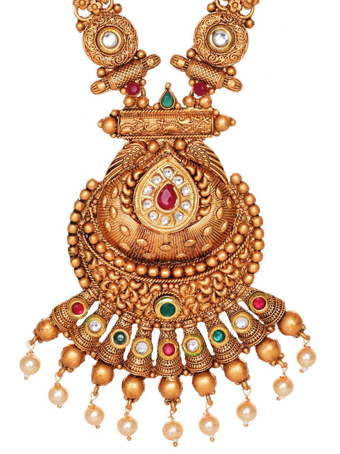 Gold Plated Kundan & Pearl studded Rajwadi Long Temple Necklace Jewellery Set