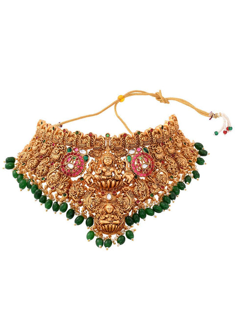 Gold Plated kemp stone studded Lakshmi Design Dangling Green Beads Temple Choker Jewellery Set
