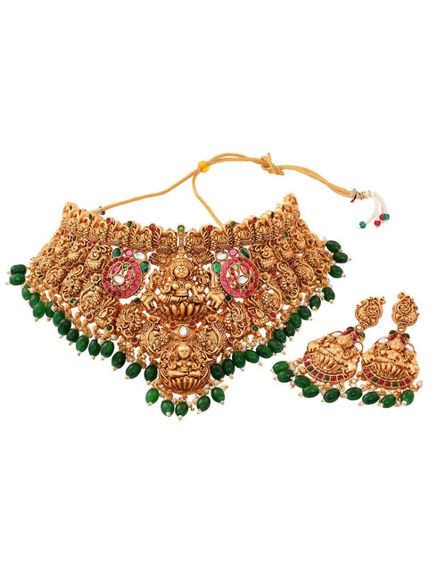 Gold Plated kemp stone studded Lakshmi Design Dangling Green Beads Temple Choker Jewellery Set
