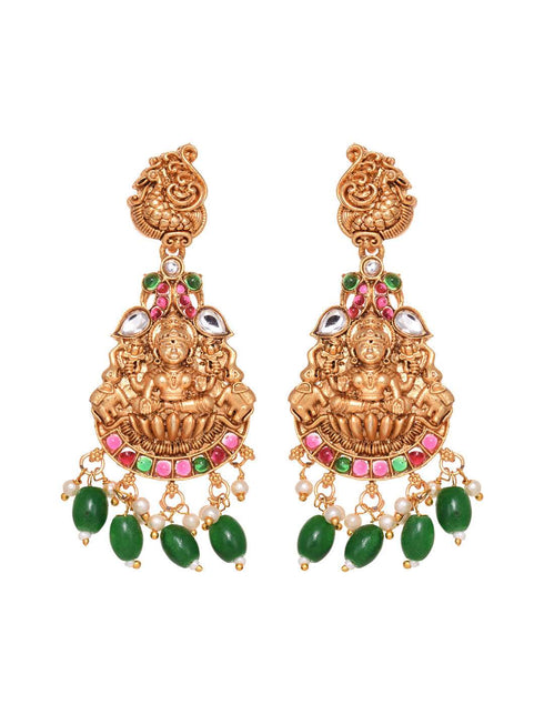 Gold Plated kemp stone studded Lakshmi Design Dangling Green Beads Temple Choker Jewellery Set