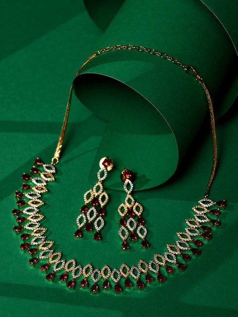 Gold Plated Red AD studded Chandelier Necklace Jewellery Set