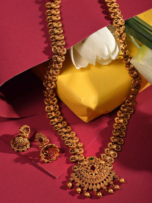 Gold Plated Floral Antique Temple Necklace Jewellery Set