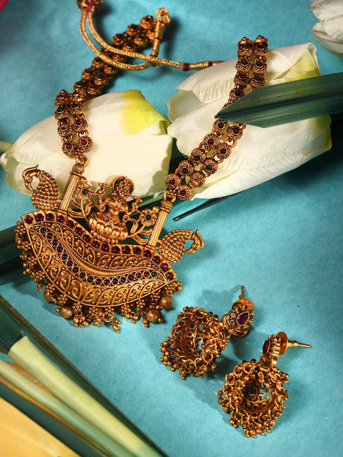 Gold Plated Red Kempo Goddess Lakshmi Deseigner Temple Jewellery Set