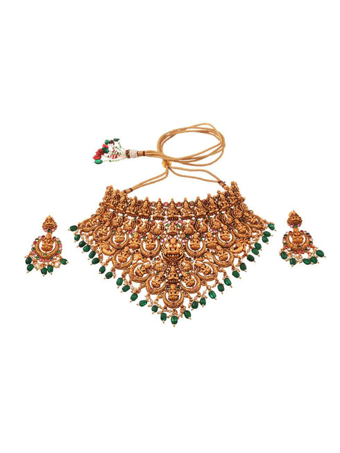 Gold Plated Intricate Temple Design Dangling Green Beads Choker Jewellery Set