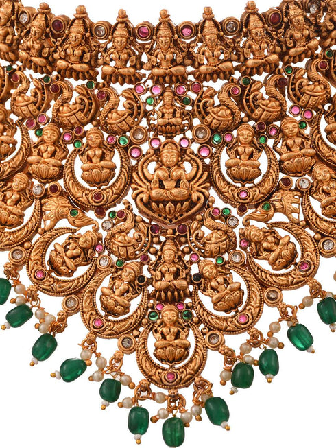 Gold Plated Intricate Temple Design Dangling Green Beads Choker Jewellery Set