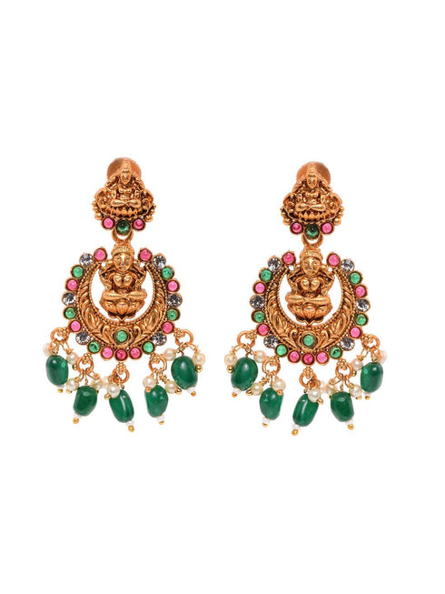 Gold Plated Intricate Temple Design Dangling Green Beads Choker Jewellery Set