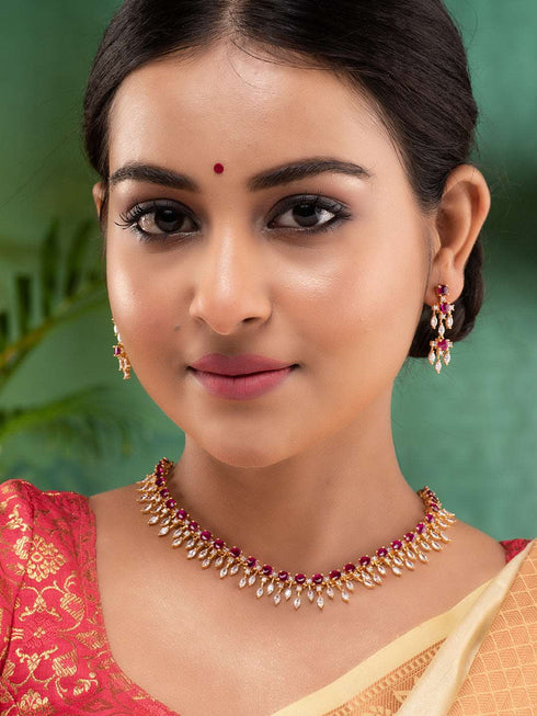 Gold Plated & Pink AD Studded Necklace & Earrings
