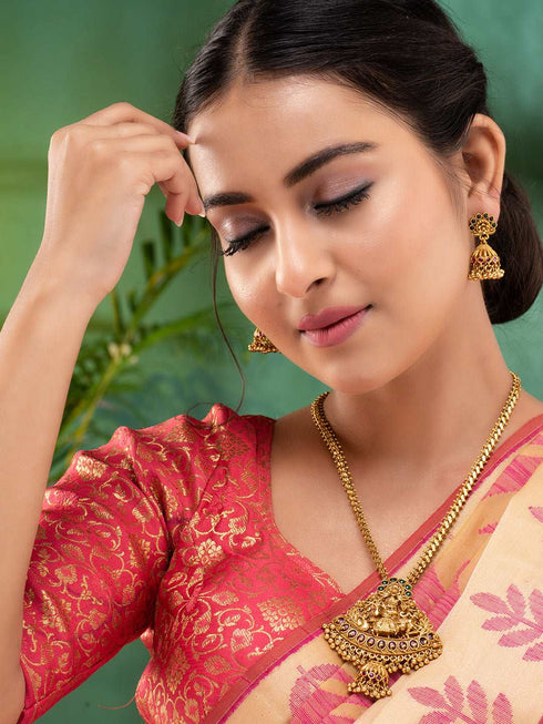 Gold Plated Green AD Embellished Pendant Temple Jewellery Set