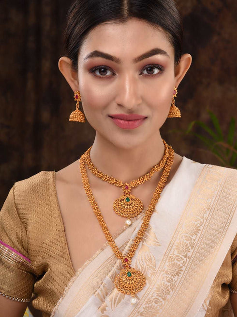 Gold Plated Grand South Indian Imitation Bridal combo Temple Jewellery Set