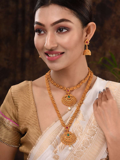 Gold Plated Grand South Indian Imitation Bridal combo Temple Jewellery Set