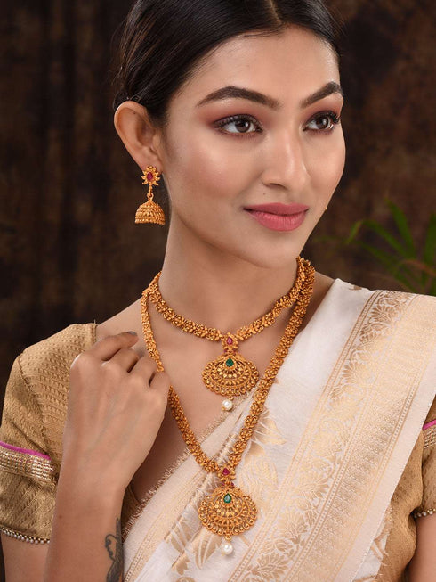 Gold Plated Grand South Indian Imitation Bridal combo Temple Jewellery Set