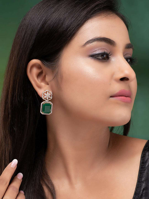 Gold Plated Green Square Drop Earrings