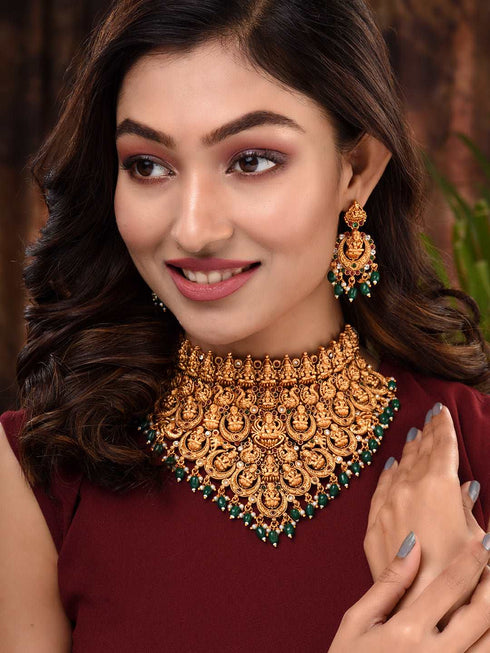 Gold Plated Intricate Temple Design Dangling Green Beads Choker Jewellery Set