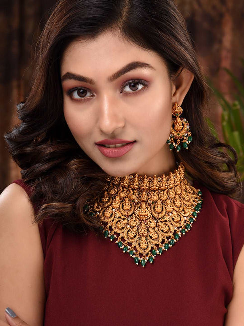 Gold Plated Intricate Temple Design Dangling Green Beads Choker Jewellery Set