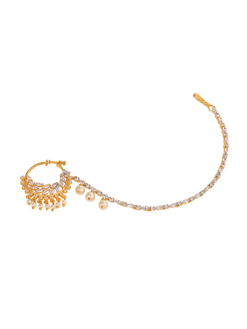 Gold plated AD & Pearl studded Handcrafted Nose Ring