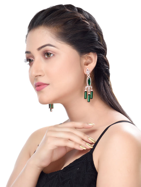 Rose Gold plated Green AD studded Drop Earrings