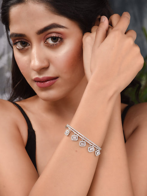 Silver Plated AD Studded Minimal Charms kada bracelet