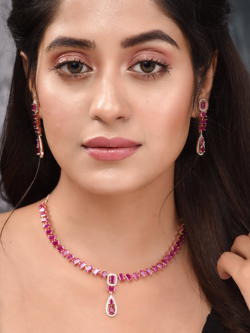 Rose Gold Toned Ruby Pink AD Studded Minimal Necklace Jewellery Set