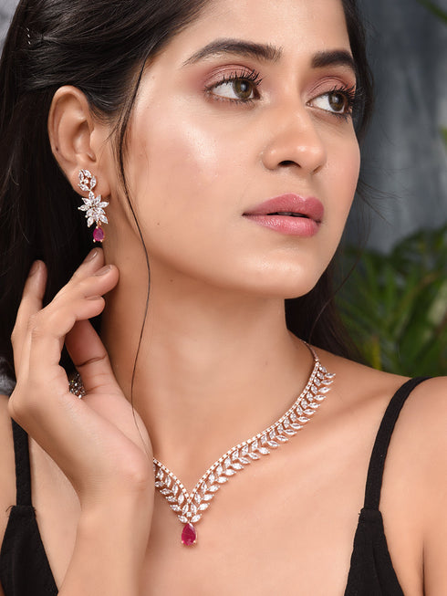 Rose Gold Plated Red AD Studded Statement Necklace Jewellery Set