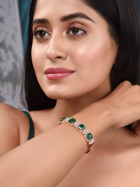 Rose Gold Plated Green Emerald Studded Statement Bracelet