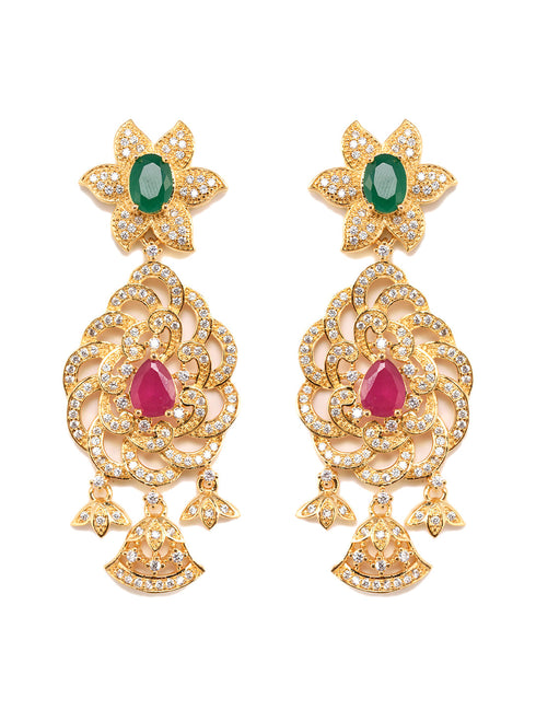 Gold Plated Multi Stone Studded Pendant Style Neclace and Earring Set