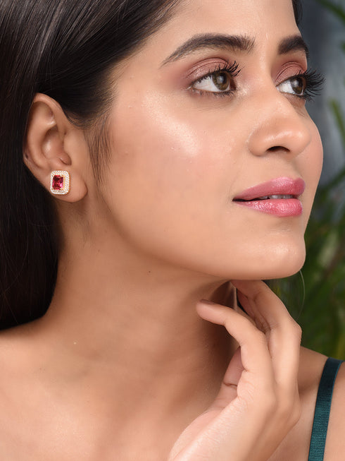 Women GoldPlated Red Square Studs Earrings