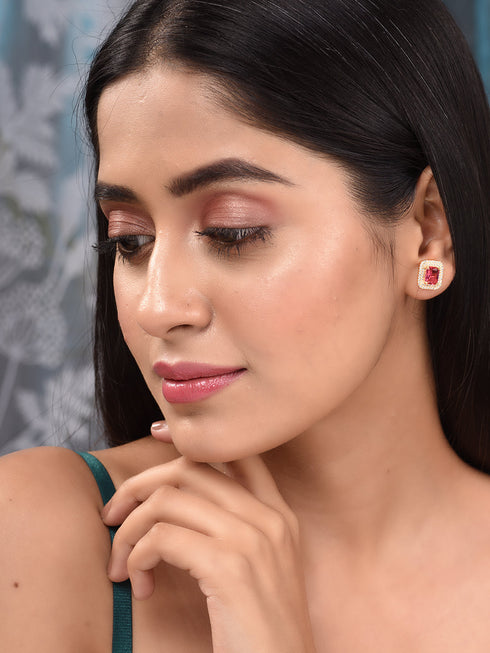 Women GoldPlated Red Square Studs Earrings